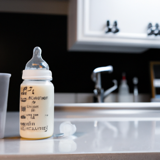תמונה של בקבוק תינוק עם פורמולה בתוכו, יושב על משטח ליד כוס מדידה