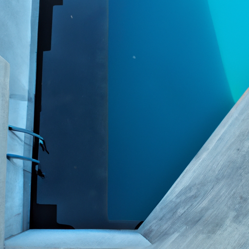 תמונה של בריכה תעשייתית, המים הכחולים הבדולח מנוגדים למבנה הבטון האפור כהה