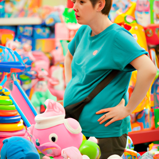 הורה מבולבל מוקף במגוון צעצועי תינוקות בחנות.